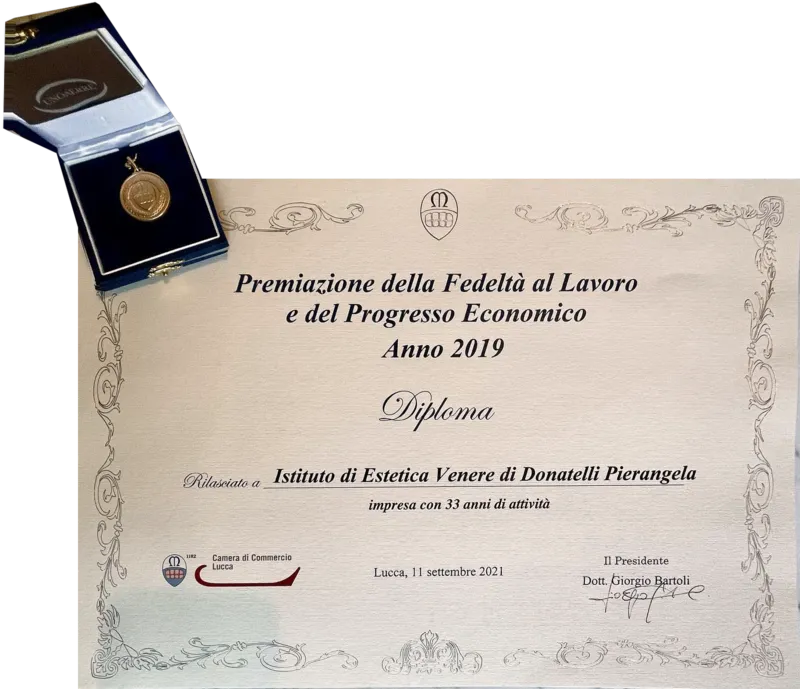 Il diploma della Camera di Commercio di Lucca, «impresa con 33 anni di attività», con la medaglia nella sua scatola