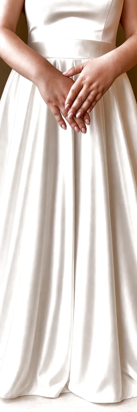 Una sposa con le mani incrociate, l'abito di raso intero fino all'orlo