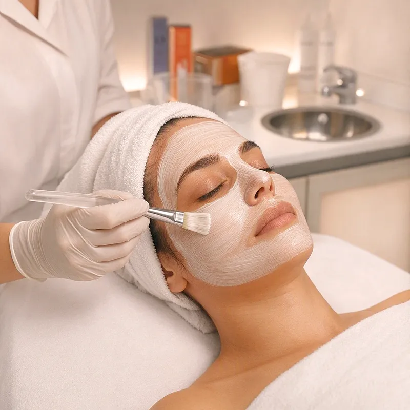 Una cliente con la maschera sul viso, distesa sul lettino della cabina